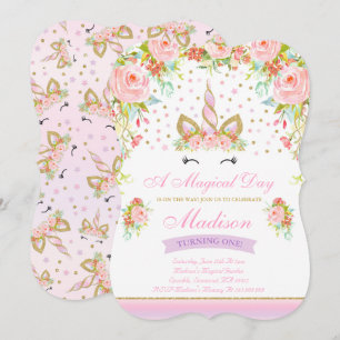 Invitation Licorne d'or de rose d'invitation d'anniversaire