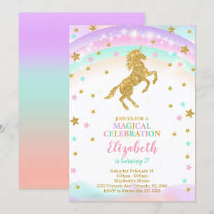 Invitation Licorne Dorée avec Étoiles Brillantes