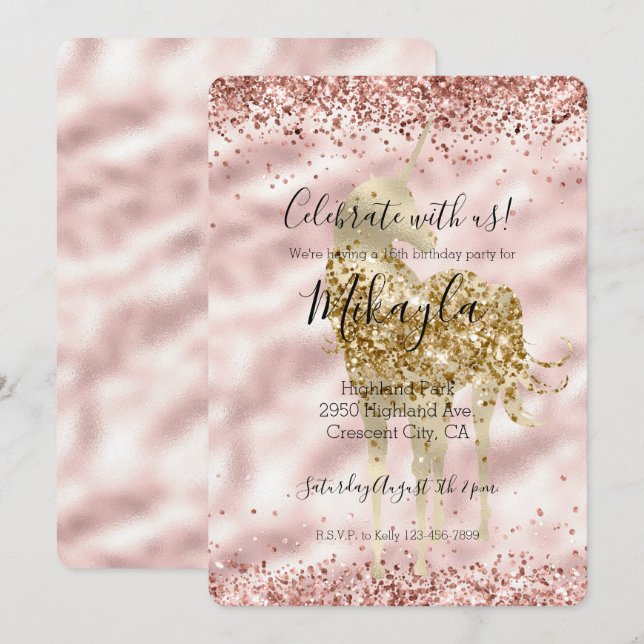 Invitation Licorne dorée girly rose paillettes scintillement  (Devant / Derrière)