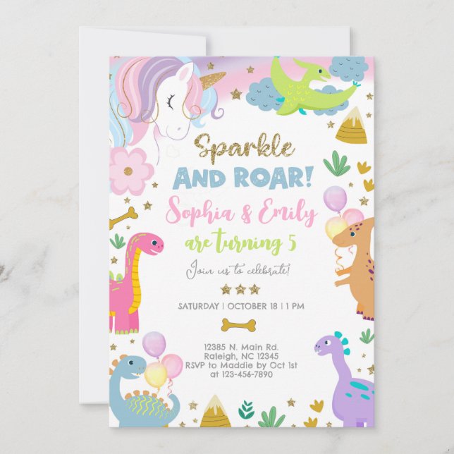 Invitation licorne et dinosaures pour frères et sœ (Devant)