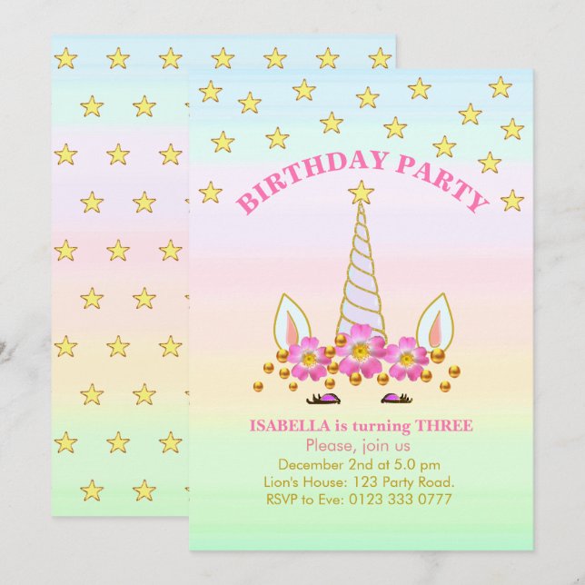 Invitation Licorne, Étoiles, Fleurs et Confettis Anniversaire (Devant / Derrière)