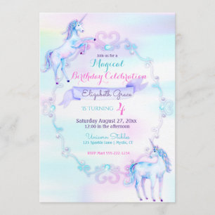 Invitation Licorne Fantaisie Magique Arc-en-ciel Aqua Rose La