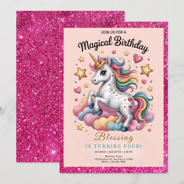 Invitation Licorne Fantaisiste 4ème Anniversaire (Devant / Derrière)