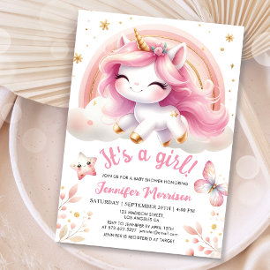 Invitation Licorne Fête de Naissance Fille Rose Blush Arc-en-