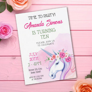 Invitation Licorne Fille Rose Vert Floral 10ème Anniversaire
