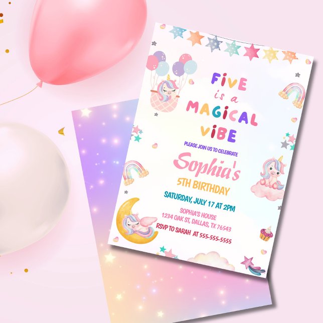 Invitation Licorne Five Is a Magical Vibe  5e Anniversaire  (.Five Is a Magical Vibe unicorn 5th birthday invitation with pastel rainbow theme.)