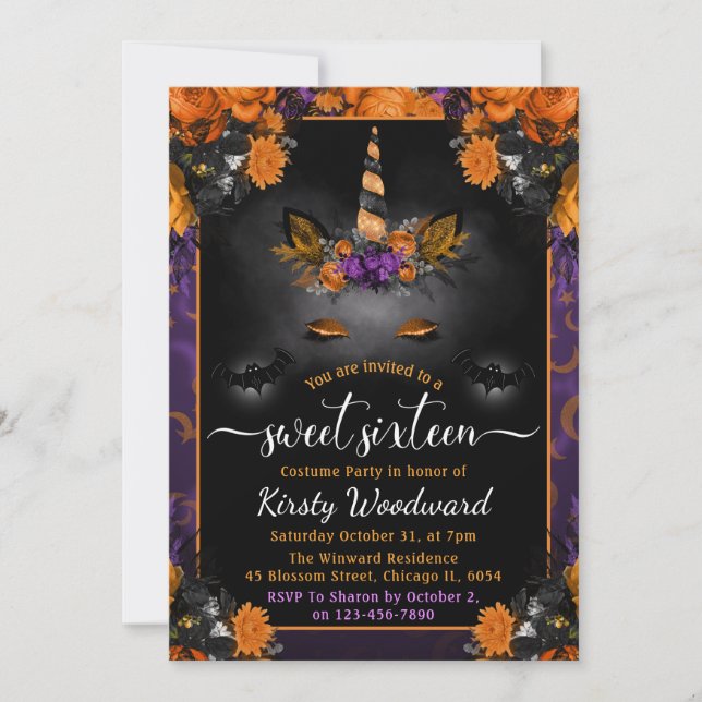 Invitation Licorne Fleurie Halloween pour Douze Ans (Devant)