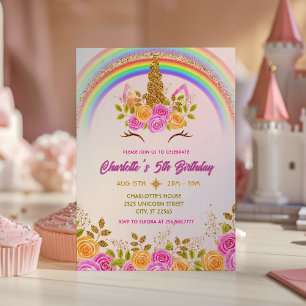 Invitation Licorne Fleurie Pailletée Or Anniversaire Enfants