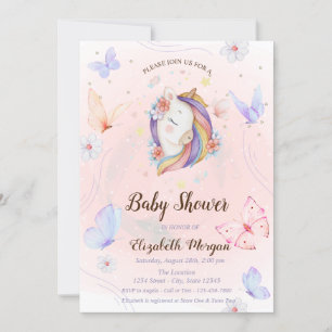 Invitation Licorne Fleurie Papillons Étoiles Baby Shower