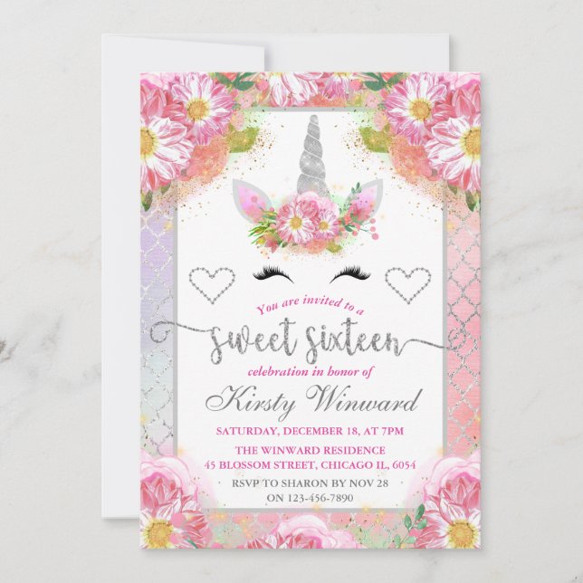 Invitation Licorne Fleurie Rose et Argent pour Douze Ans (Devant)