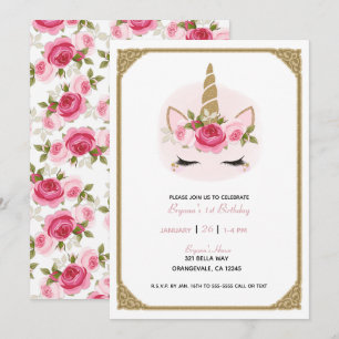 Invitation Licorne Fleurie Roses Or & Rose Fête d'Anniversair