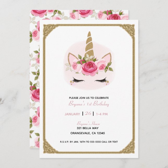 Invitation Licorne Fleurie Roses Or & Rose Fête d'Anniversair (Devant / Derrière)