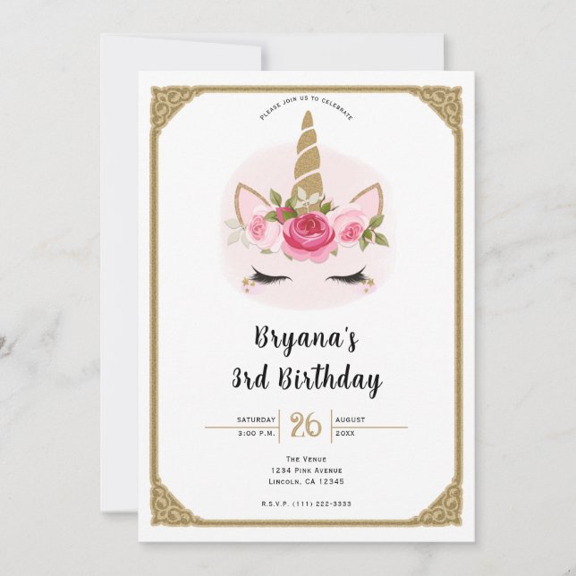 Invitation Licorne Fleurs de Roses Or et Rose Anniversaire (Devant)