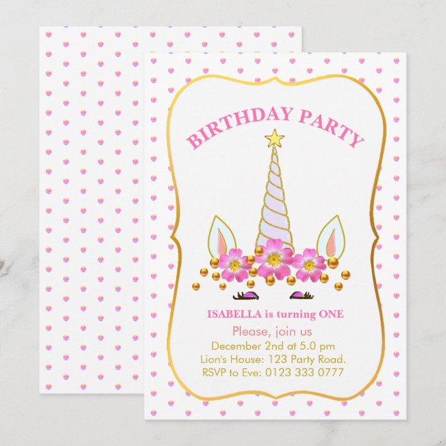 Invitation Licorne, Fleurs et Confettis Anniversaire (Devant / Derrière)