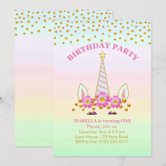 Invitation Licorne, Fleurs et Confettis Anniversaire (Devant / Derrière)