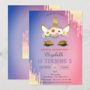 Invitation Licorne Fleurs Pailletées Or, Anniversaire Drips O