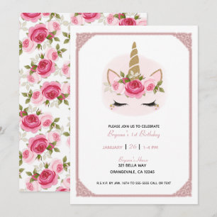 Invitation Licorne Fleurs Roses Or & Rose Anniversaire I