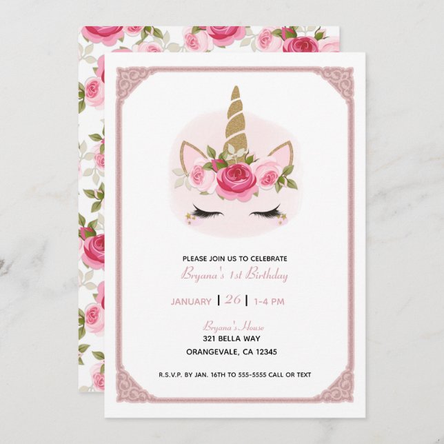 Invitation Licorne Fleurs Roses Or & Rose Fête d'anniversaire (Devant / Derrière)