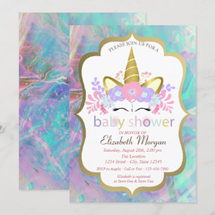 Invitation Licorne, Floral, Opale Baby Shower