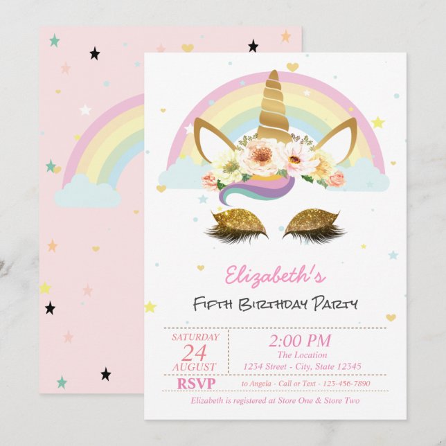 Invitation Licorne Florale Arc-en-Ciel Magique de Naissance (Devant / Derrière)