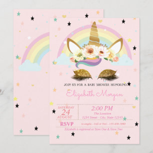 Invitation Licorne Florale Arc-en-Ciel Pailletée Or Fête Prén