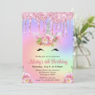 Invitation Licorne Florale Iridescente Fête d'Anniversaire po