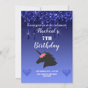 Invitation Licorne florale pailletée bleue qui dégouline