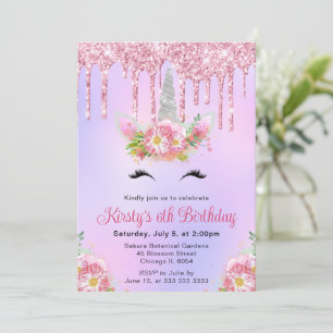 Invitation Licorne Florale Rose et Argent Fête d'Anniversaire