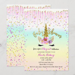 Invitation Licorne Gâteau Arc-en-ciel Pastel Baby Shower