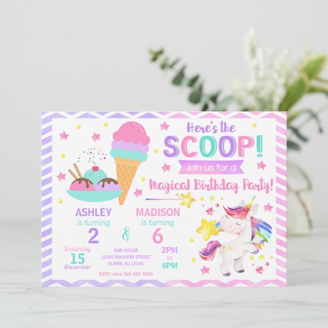 Invitation Licorne & Glace Anniversaire Commun | Fête Sucrée (Debout devant)