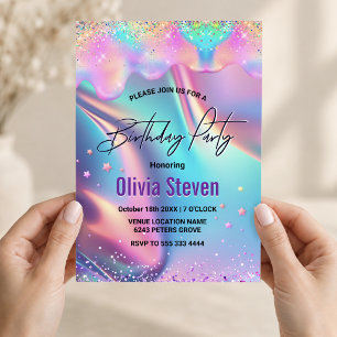 Invitation Licorne holographique chic dégoulinant de monogram