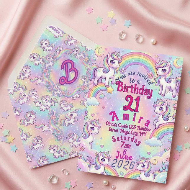 Invitation Licorne Kawaii Mignonne Arc-en-ciel Pastel Magique (Créateur téléchargé)