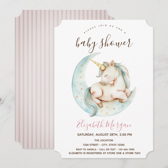 Invitation Licorne Lune Rose Rayures Baby Shower   (Devant / Derrière)