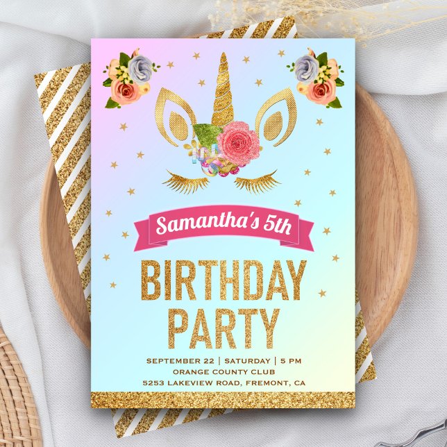Invitation Licorne Magique Anniversaire avec Paillettes Dorée (Créateur téléchargé)