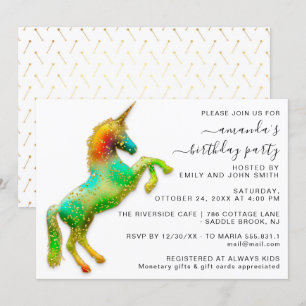 Invitation Licorne Magique Anniversaire Paillettes Or Princes