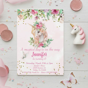 Invitation Licorne Magique Enfant Pegasus Floral Or