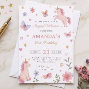 Invitation Licorne Magique Florale Rose 2ème Anniversaire Fil
