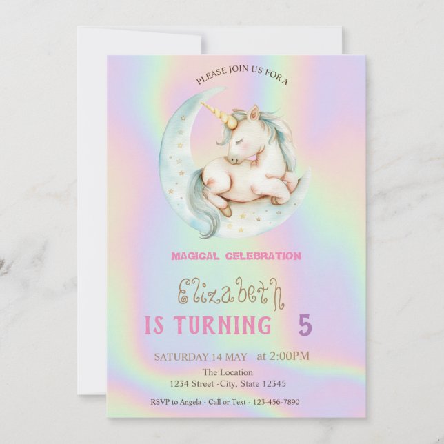 Invitation Licorne Magique Lune Holographique (Devant)