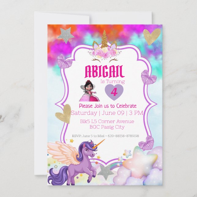 Invitation Licorne Magique – Paillettes Violettes  (Devant)