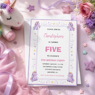 Invitation Licorne Magique Pastel Violet Mignonne 5ème Annive