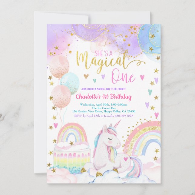 Invitation Licorne Magique Une Fille 1er Anniversaire Pastel (Devant)