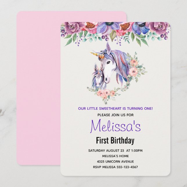 Invitation Licorne Maman & bébé Anniversaire à l'aquarelle (Devant / Derrière)