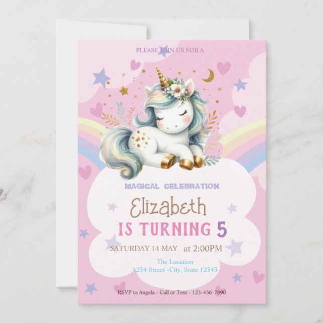 Invitation Licorne Mignonne Étoiles Arc-en-Ciel Cœurs Anniver (Devant)