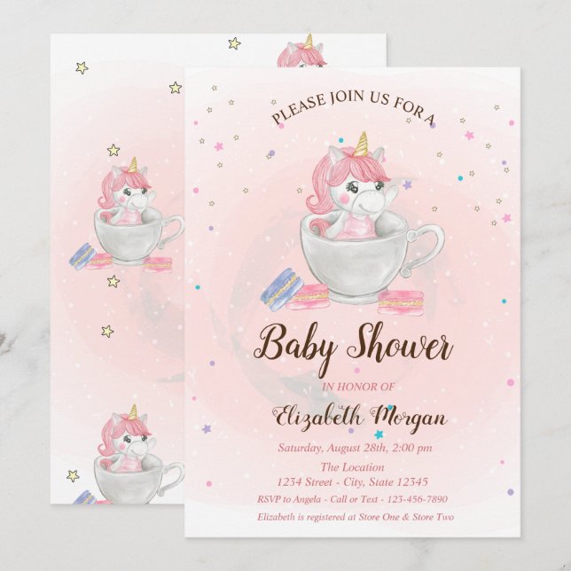 Invitation Licorne Mignonne, Macarons, Étoiles Baby Shower (Devant / Derrière)