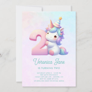 Invitation Licorne mignonne sarcelle et rose pour un 2ème ann