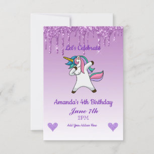 Invitation Licorne Mignonne Violet qui Dégouline de Paillette
