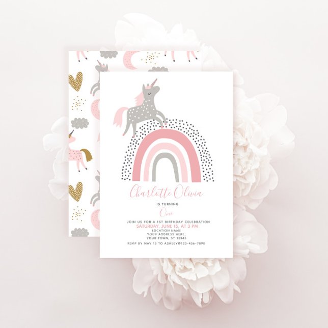 Invitation Licorne Moderne Anniversaire 1 Rose Pastel Arc-en- (Créateur téléchargé)