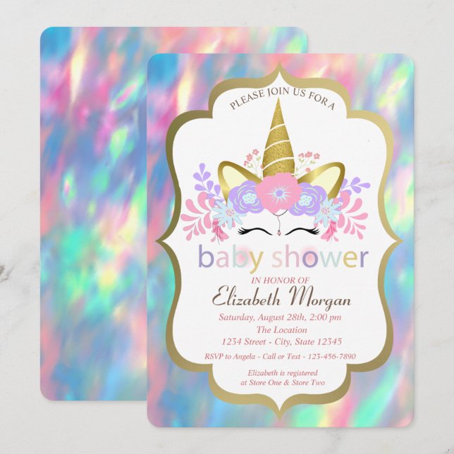 Invitation Licorne, Opale, Baby Shower Holographique (Devant / Derrière)