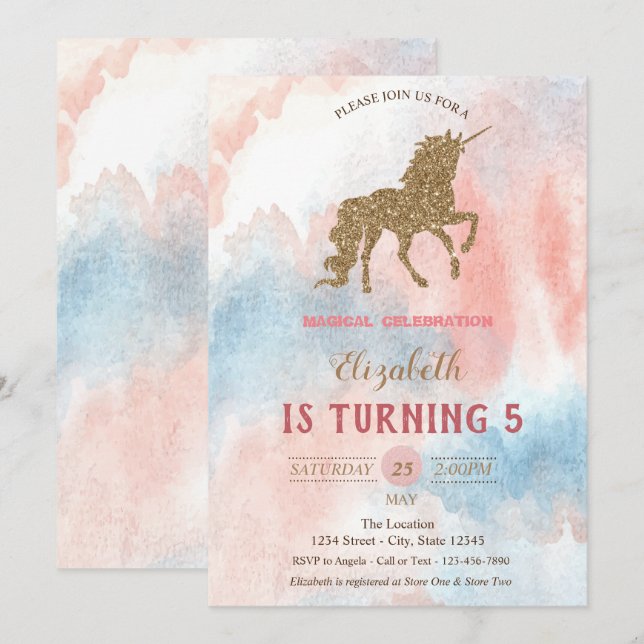 Invitation Licorne Pailletée Or, Aquarelle (Devant / Derrière)