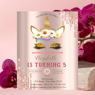 Invitation Licorne Pailletée Or,Drips Anniversaire Rose Gold